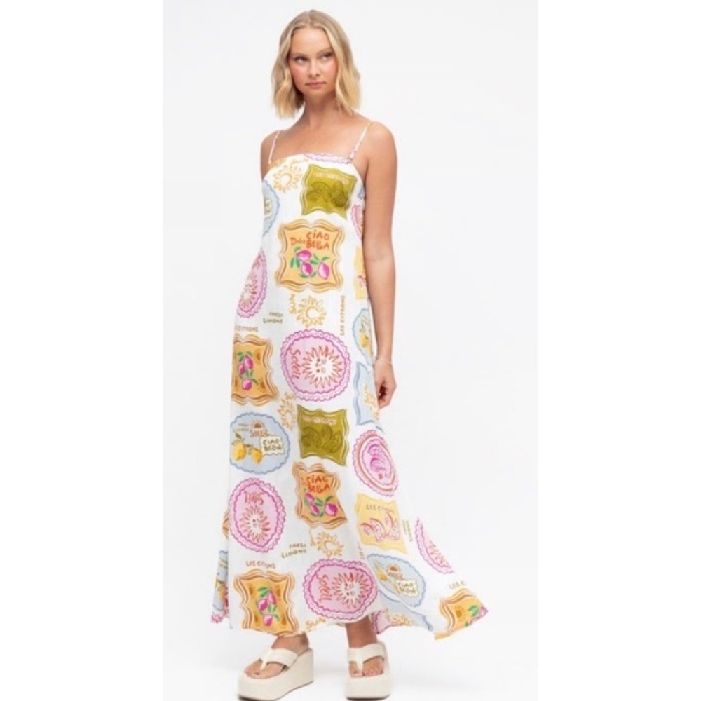 Paper Heart Amalfi Coast Dress XL Lemon Linen Blend Euro Summer Midi